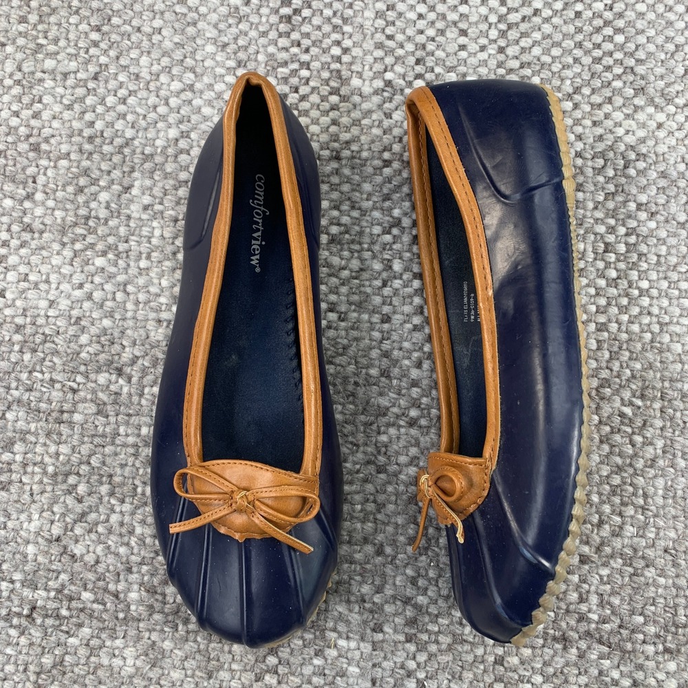 Comfortview Eliana Duck Ballet Flat Women 9W Navy Blue Tan Bow Rain Shoe